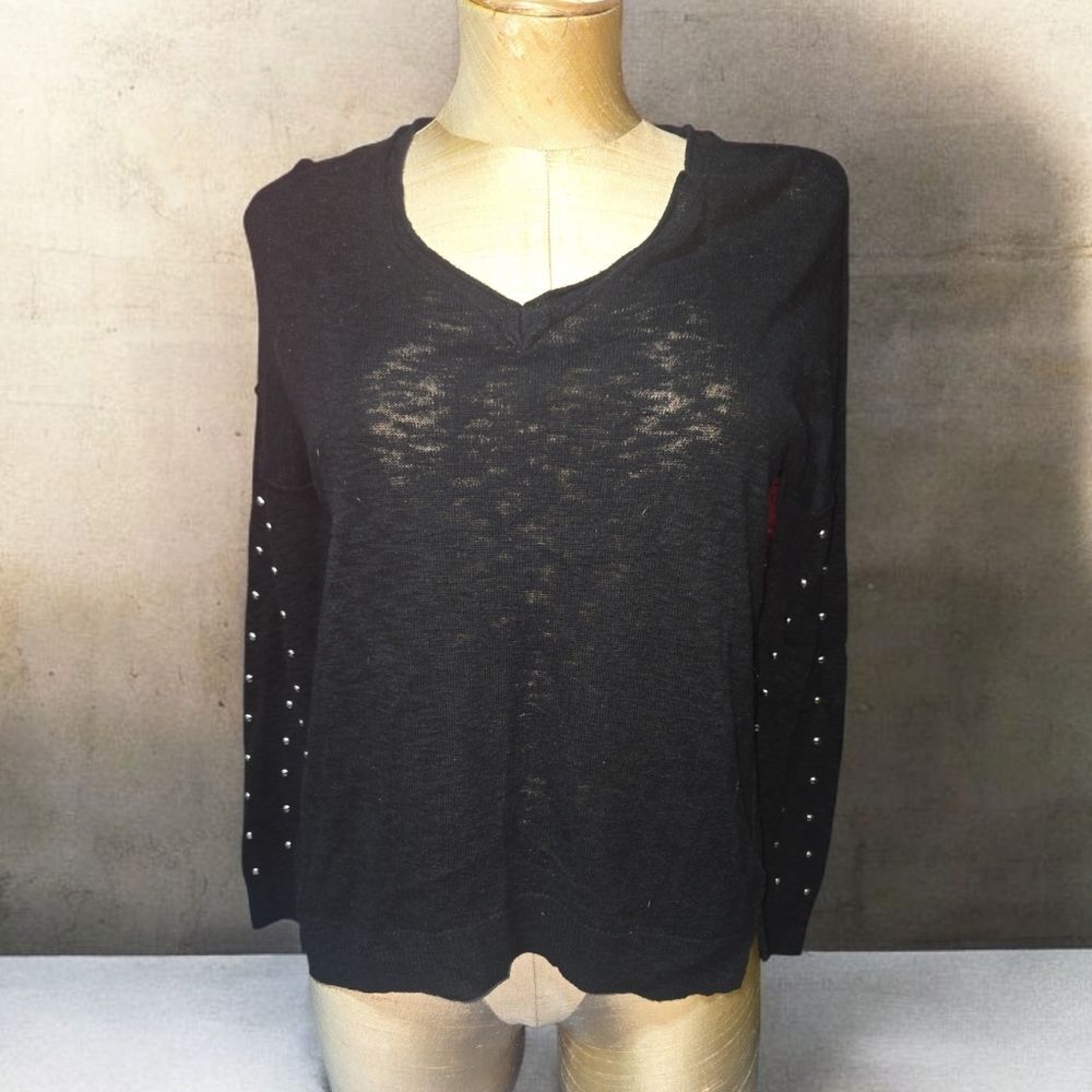 Rock & Republic Black V-Neck Sweater with Studded Sleeves